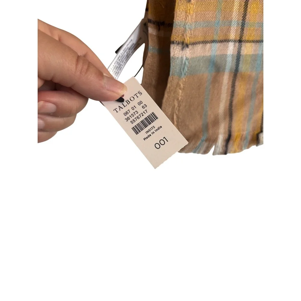 Talbots Womens Plaid Scarf Camel‎ Blue Yellow Rayon Cotton Frayed Edge NWT